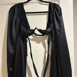 For Love And Lemons Black Satin Robe with Tie Detail
